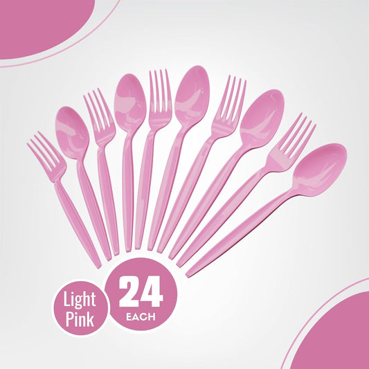 Light Pink Plastic Spoons and Fork (24 Each) - Light Pink Colored Cutlery Set for Any Birthday Party, Baby Shower, Bridal Shower, Princess Theme, Durable Heavy Duty Plasticware, Disposable Utensils