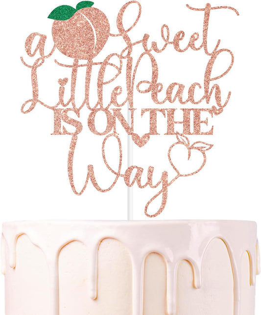 Rose Gold Glitter A Sweet Little Peach is on the Way Cake Topper, Welcome Peach/Sweet Little Peach, Funny Fruit Peach Themed Baby Shower Party Decorations Supplies
