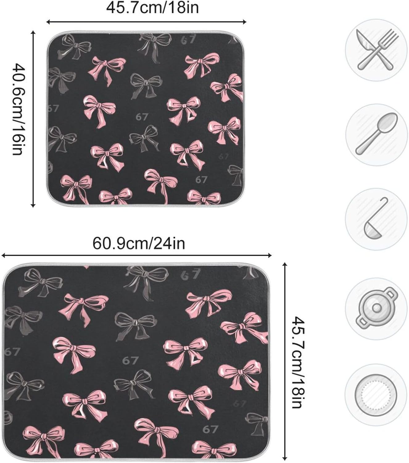 Boccsty Bows 67 Light Pink Dark Grey Dish Drying Mat for Counter Drying Kitchen Mats Coffee Bar Mats for Countertops Dishes Utensils Sinks 18 x 24 IN