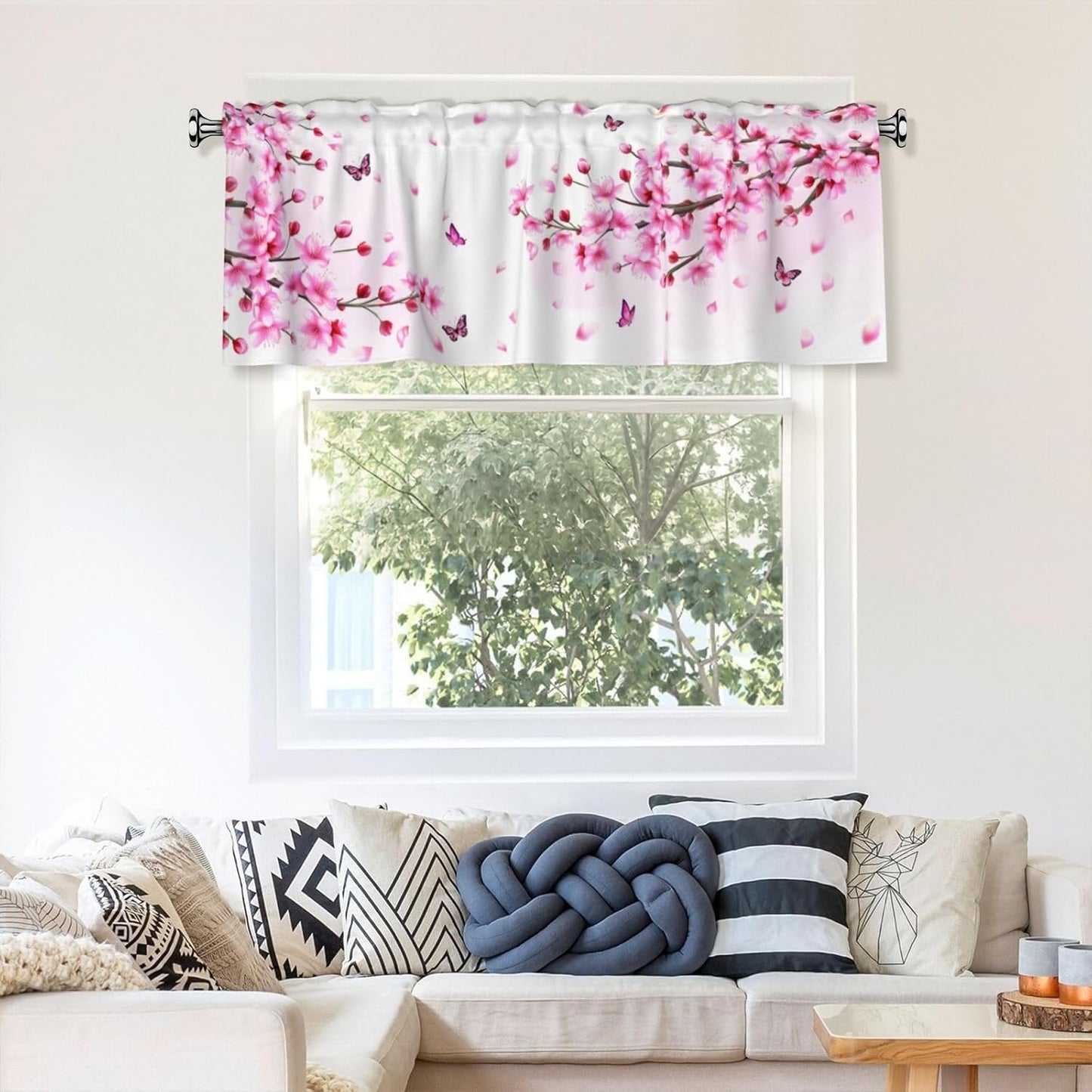 Floral Valances for Windows - Pink Cafe Curtains Cherry Blossom Short Curtains for Living Room Bathroom Bedroom Basement