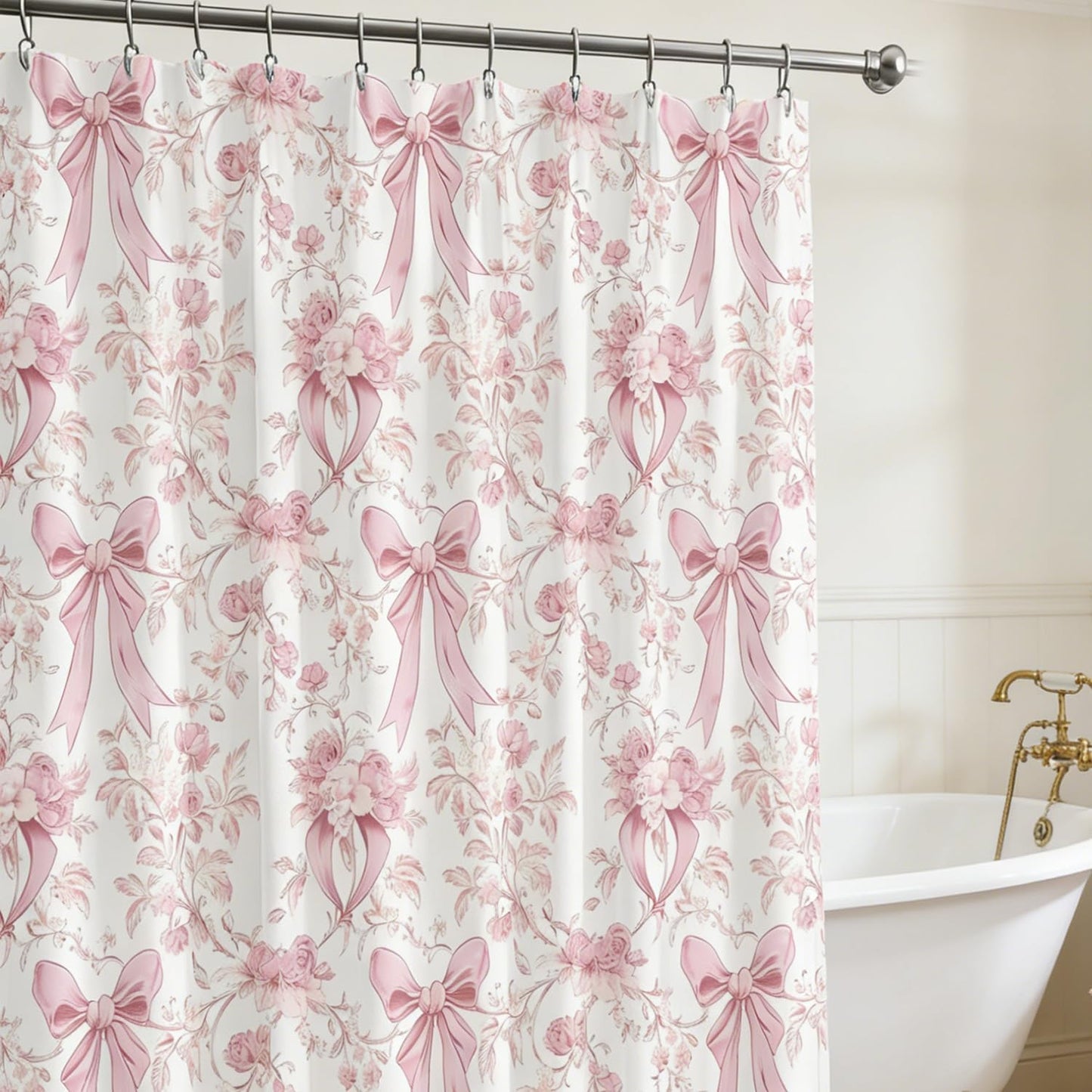 Pink Bow Shower Curtain Decor, Pink and White Girly Shower Bath Tub Curtain, Aesthetic Coquete Waterproof Bathroom Decor(72 X 72 Inches)