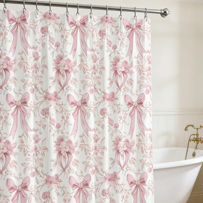 Pink Bow Shower Curtain Decor, Pink and White Girly Shower Bath Tub Curtain, Aesthetic Coquete Waterproof Bathroom Decor(72 X 72 Inches)