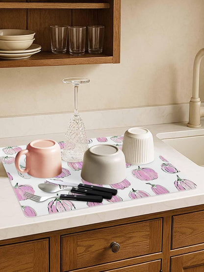 Coffee Mat for Countertops Fall Thanksgiving Light-pink Pumpkin Pattern Absorbent Dish Drying Mat for Kitchen Counter Coffee Bar Accessories Rubber Backed for Espresso Machine 18" x 24"