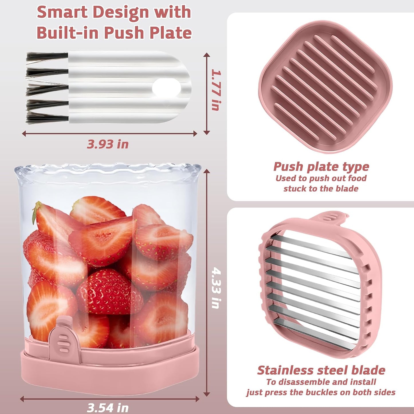 Strawberry Slicer Cup with Push Plate, Fruit Cutter Kitchen Gadget for Egg, Kiwi, Banana, Cucumber, Easy Fruit & Vegetable Slicer, Strawberry Cutter Tool for Quick Safe Cutting (Pink)