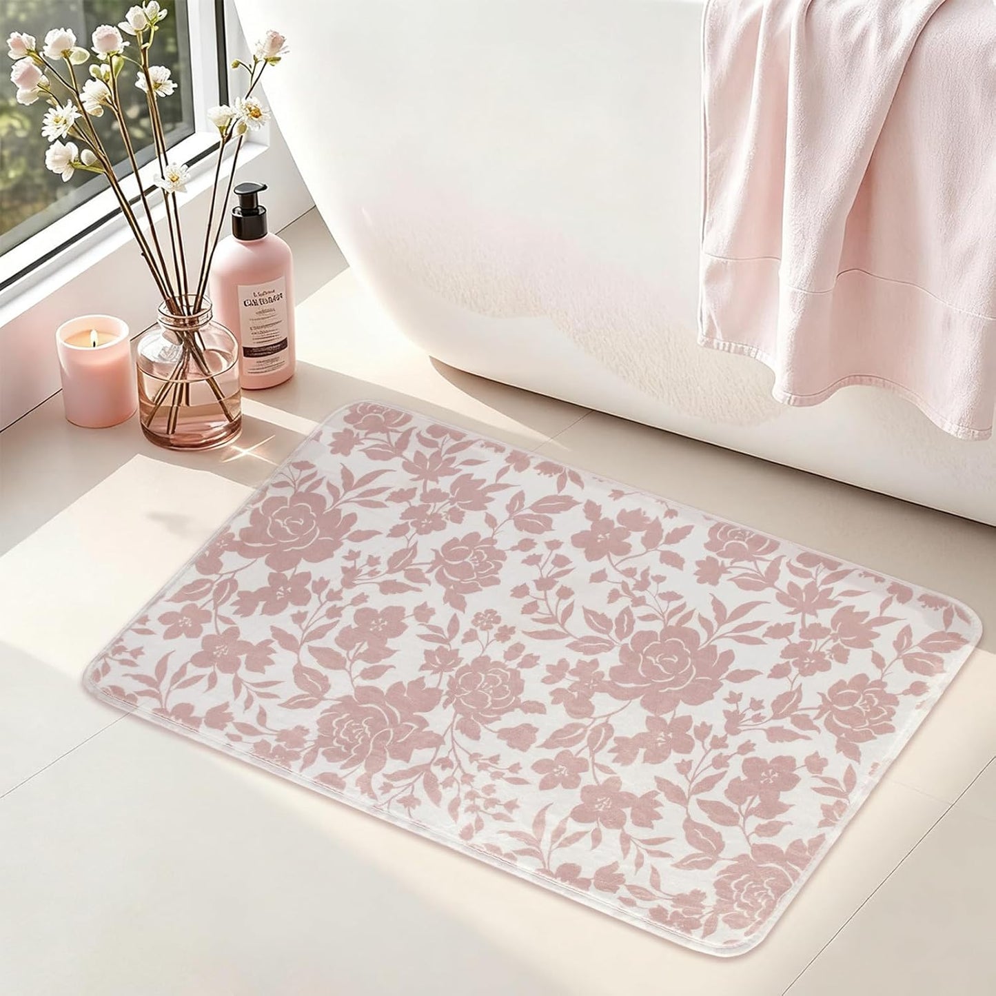 Pink Floral Mat for Bathroom Non Slip, Mauve Rose Fluffy Absorbent Microfiber Bath mat Washable, Aesthetic Bathroom Rugs, Cute Bath mat for Shower Sink, 20" x 30"