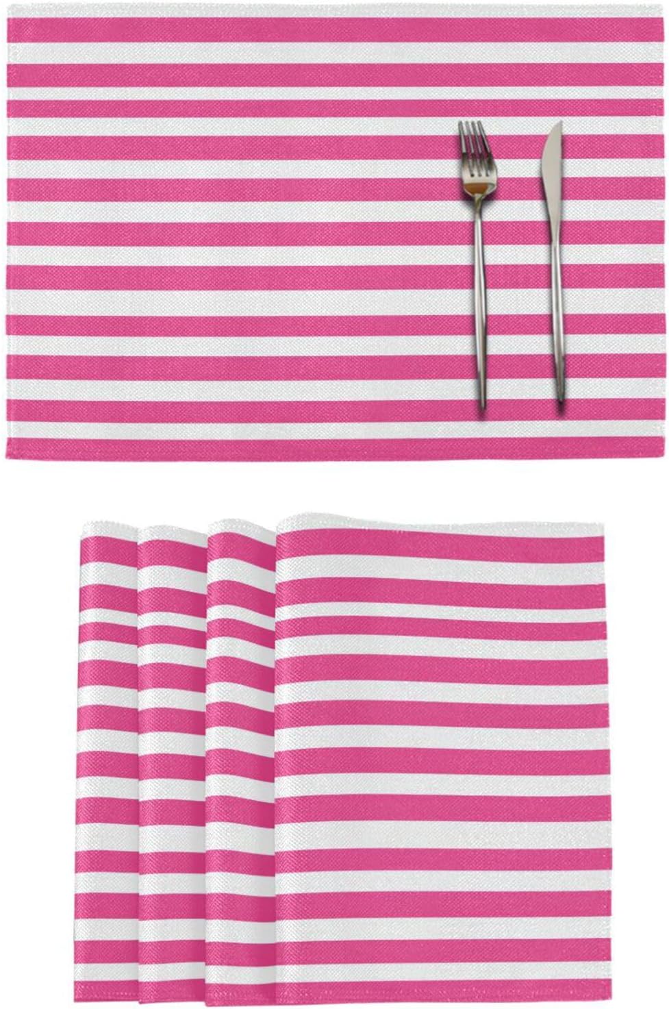 ALAZA Pink White Striped Set of 6 Placemats Rectangle Table Mat for Dining Table Restaurant Kitchen Home Decor, 12" x 18"