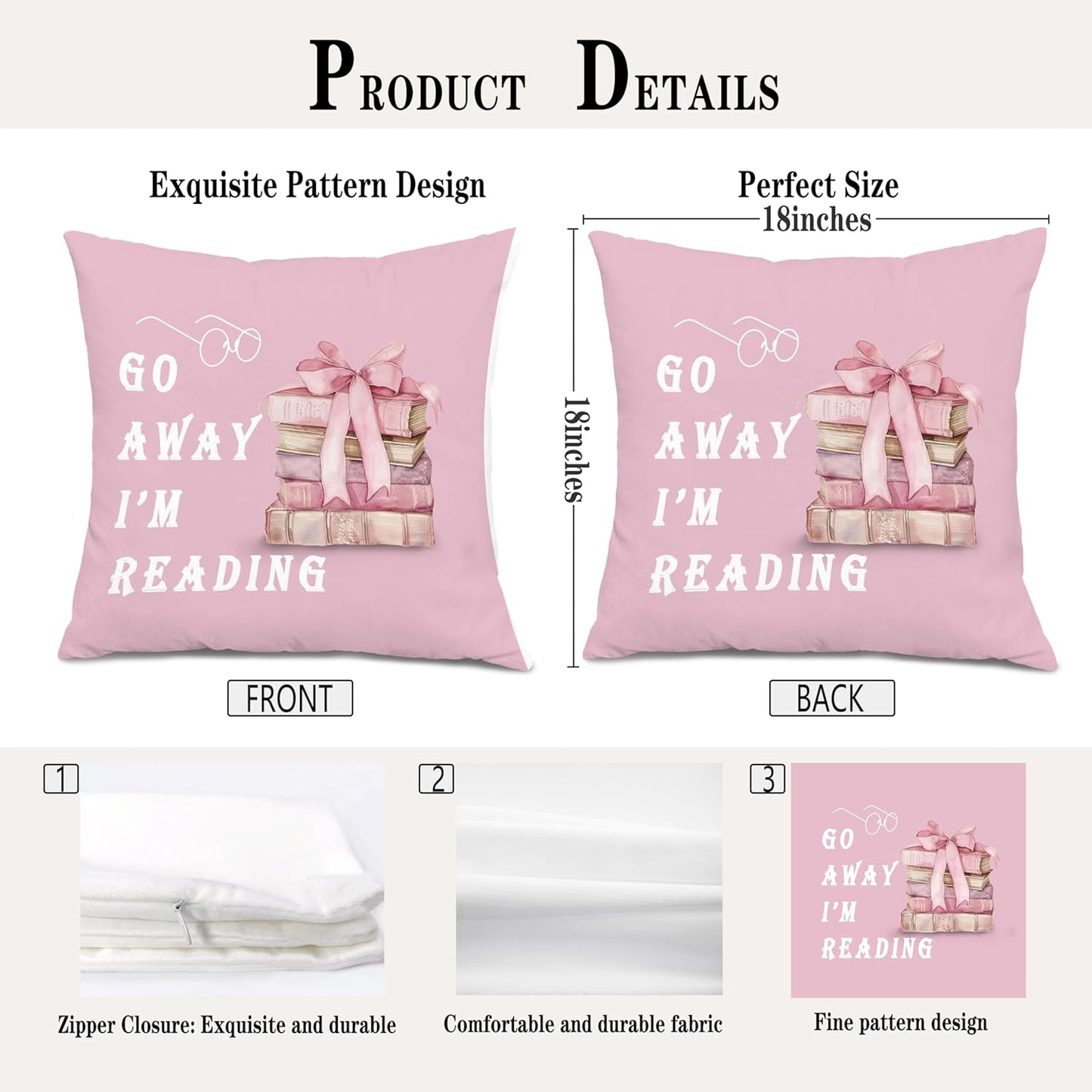 Coquette Pink Bow Book Throw Pillow Covers 18x18, Reading Nook Room Decor, Book Lover Reader Gifts Decorative Pillow Covers for Reading Corner Library Home Bedroom