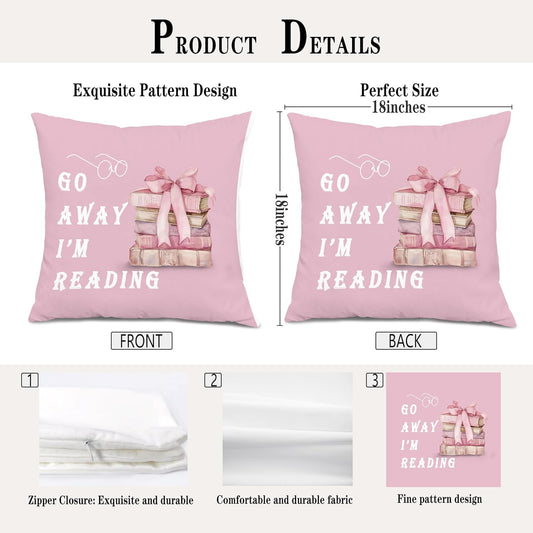 Coquette Pink Bow Book Throw Pillow Covers 18x18, Reading Nook Room Decor, Book Lover Reader Gifts Decorative Pillow Covers for Reading Corner Library Home Bedroom