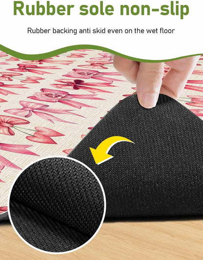 Pink Bow Doormat Bath Mat Quick Dry Non Slip Rug with Rubber Romantic Rose Beige Linen Retro Water Absorbing Mat for Bathroom Kitchen Front Door Laundry Room 32" x 20"