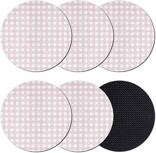 Coasters Set of 6, Pink Buffalo Plaid Round Drink Coasters for Coffee Table Decor, Farmhouse Checked Vintage Geometric Art Absorbent Cup Coaster for Housewarming Gift/Home Décor, 4 Inches