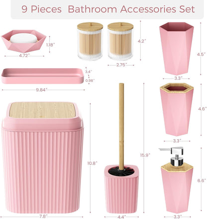 BSSN 10-Piece Pink Bathroom Accessories Set - Unbreakable Modern Bath Decor with Bamboo Accents - Includes Trash Can, Toilet Brush, Soap Dispenser, Tray, 2 Q-tip Holders - Complete Essentials