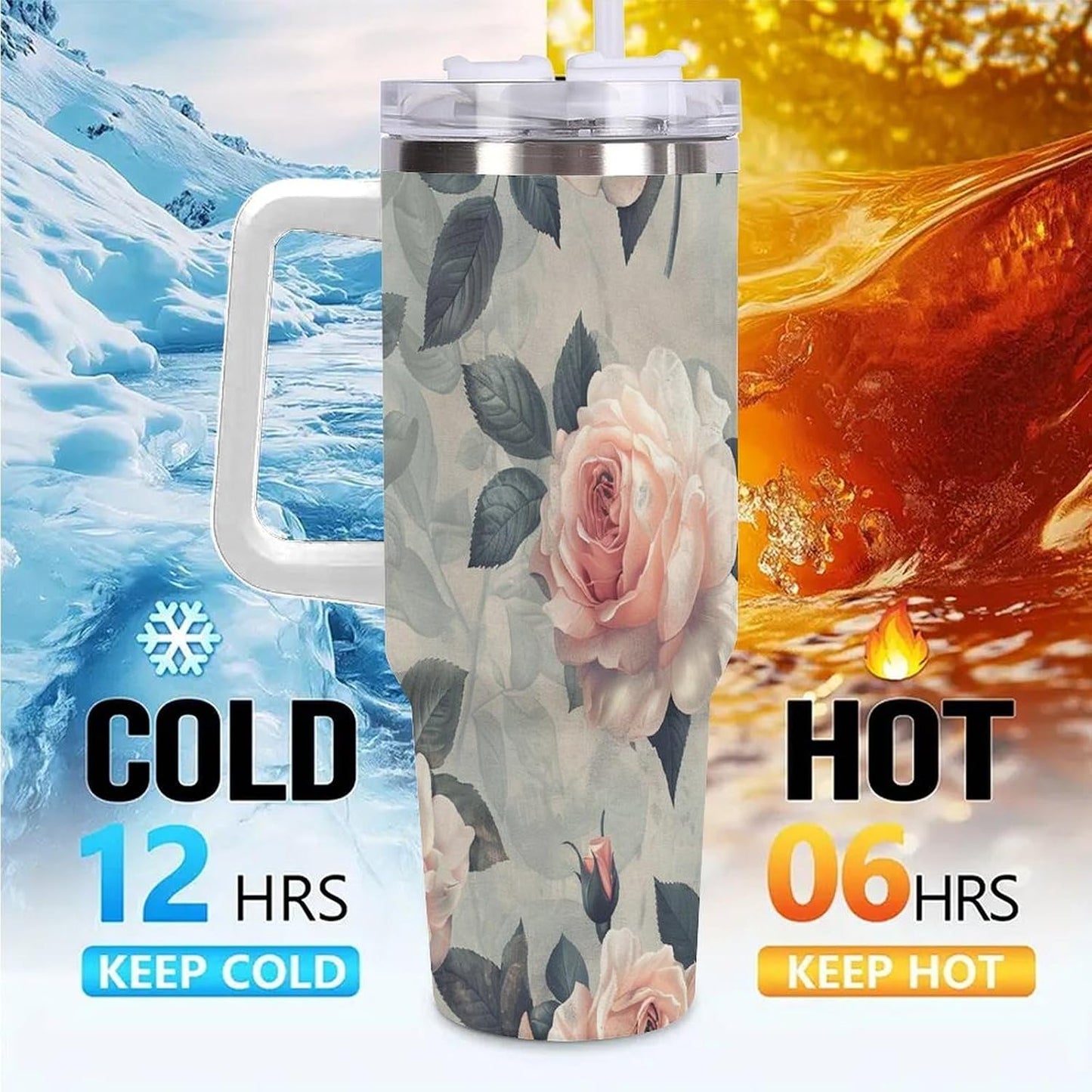 40oz Tumbler with Handle, Peach Rose Pattern With Green Leaves Printed Stainless Steel Travel Mug, Insulated Car Cup with Straw, Keeps Drinks Hot & Cold, Personalized Gift for Women & Men