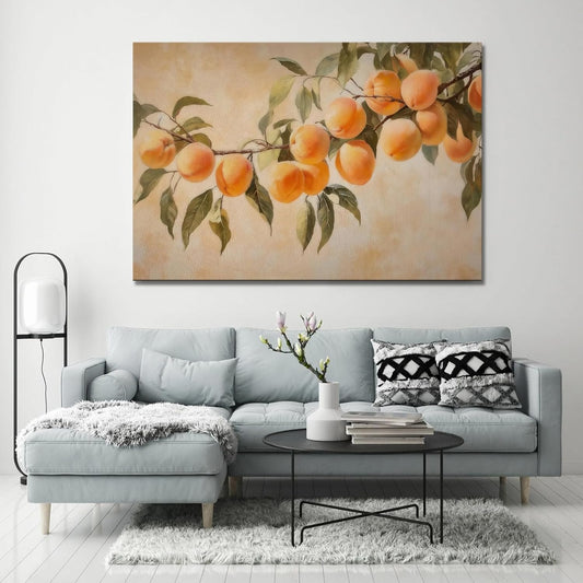 Lush Peach Branch Wall Art, Rustic Farmhouse Kitchen Wall Decor, Vintage Fruit Peach Aesthetic Room Decor for Living Room Ready To Hang (Framed,08×12-inch)