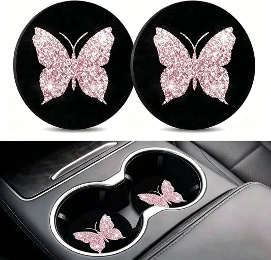 2PCS Bling Cup Holder Coaster, Anti-Slip Bling Butterfly Cup Holder Coasters for Car, 2.75In Diamond Drink Cup Mug Mat Pad, Universal Car Interior Accessories for Women (Pink)
