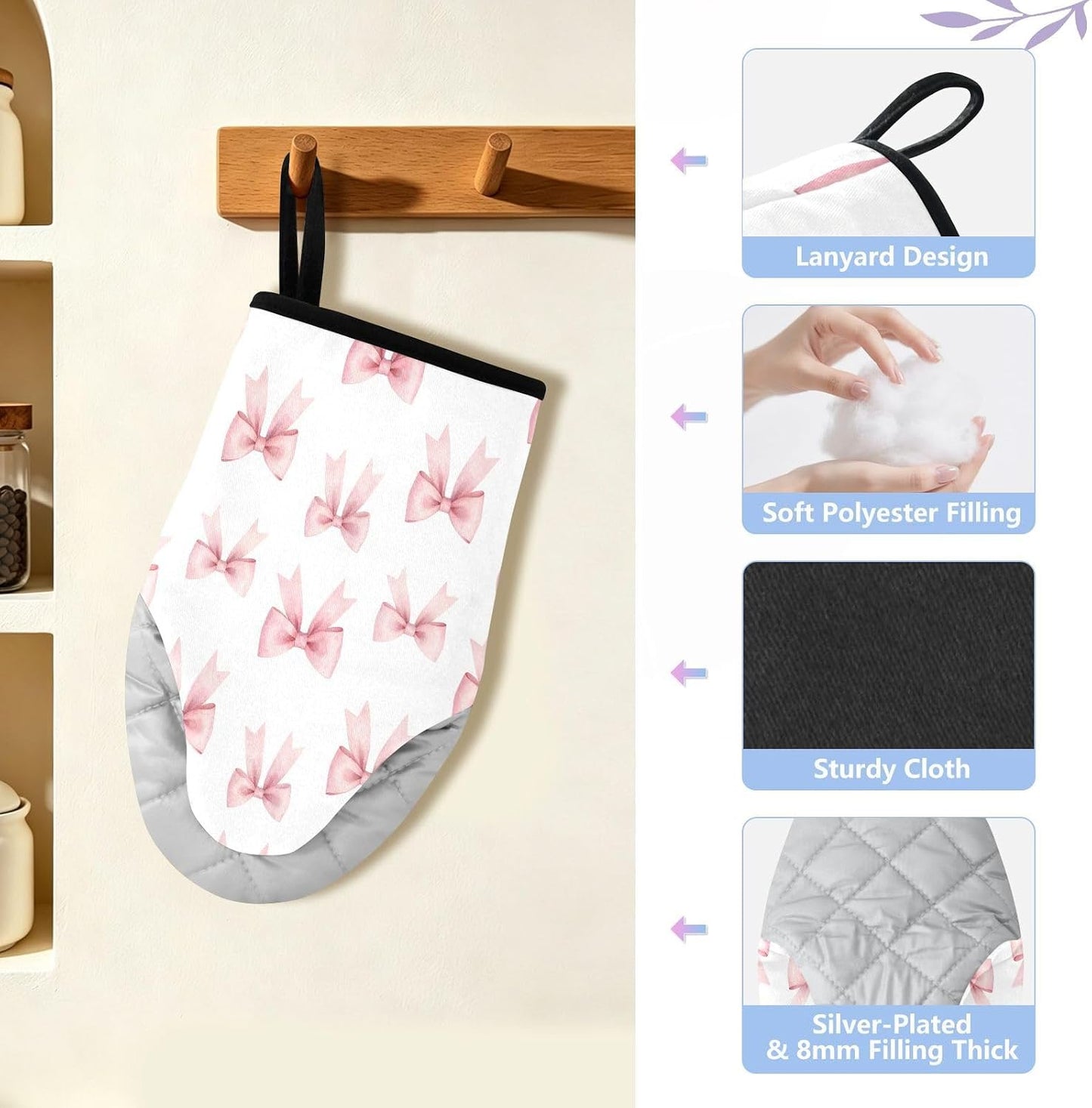 Watercolor Bows Pink Non-Slip Oven Mitts Set Heat Resistant Kitchen Gloves with Quilted Liner Cotton Machine Washable with Hanging Loop for Baking Grilling BBQ