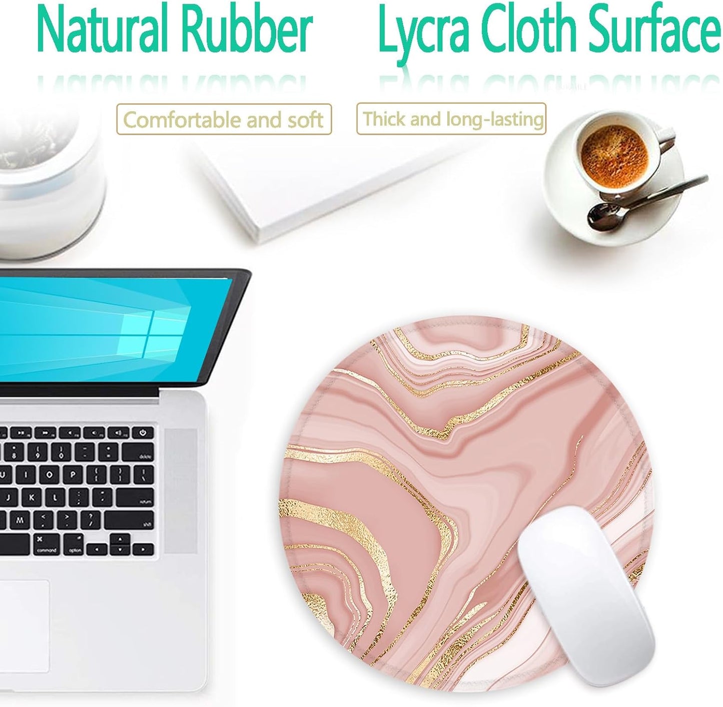 Mouse Pad, Non-Slip Rubber Base Mousepad with Stitched Edge, Gaming Round Mouse Pads, Waterproof Office Mouse Pad, Small Size 7.87 x 7.87 Inch (Pink Gold Marble)