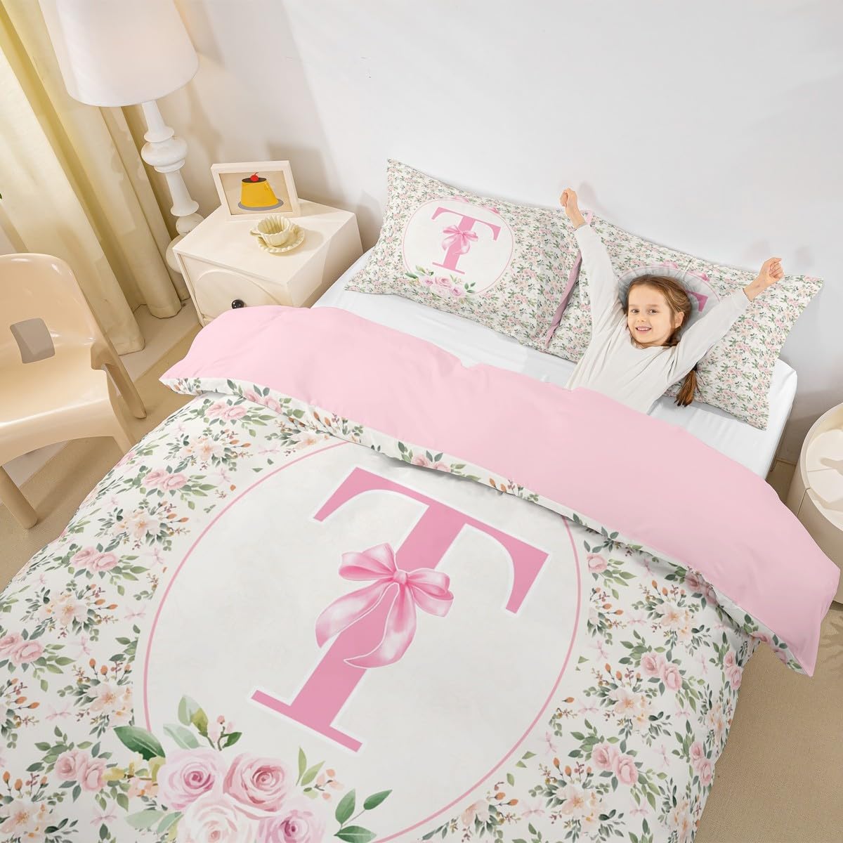 Erosebridal Peach Blossom Duvet Cover Twin Size Letter T Bedding Set for Kids Girls WomenPreppy Kawaii Coquette Girly Comforter Cover Fashion Princess Dreamy Ribbon Bow Bedclothes