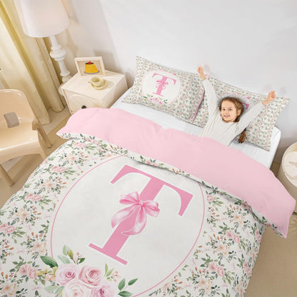 Erosebridal Peach Blossom Duvet Cover Twin Size Letter T Bedding Set for Kids Girls WomenPreppy Kawaii Coquette Girly Comforter Cover Fashion Princess Dreamy Ribbon Bow Bedclothes