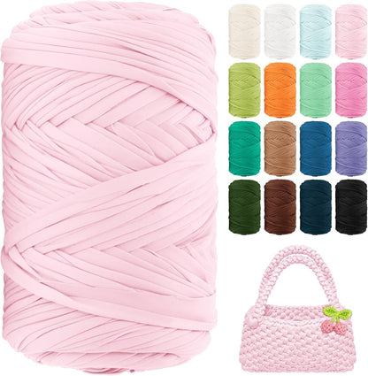 T Shirt Yarn 130 Yards Beginner Crochet Tshirt Yarn 400g Elastic Fabric Thick T-Shirt Yarns for Crocheting, Knitting Bags, Baskets, Rugs, Coasters, DIY Craft, Home Decor (Light Pink)