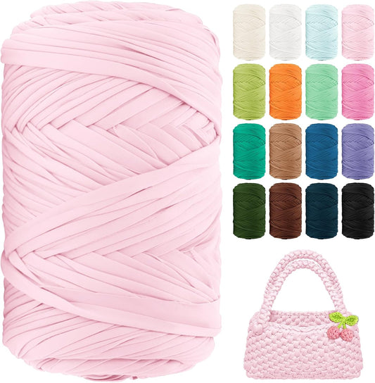 T Shirt Yarn 130 Yards Beginner Crochet Tshirt Yarn 400g Elastic Fabric Thick T-Shirt Yarns for Crocheting, Knitting Bags, Baskets, Rugs, Coasters, DIY Craft, Home Decor (Light Pink)