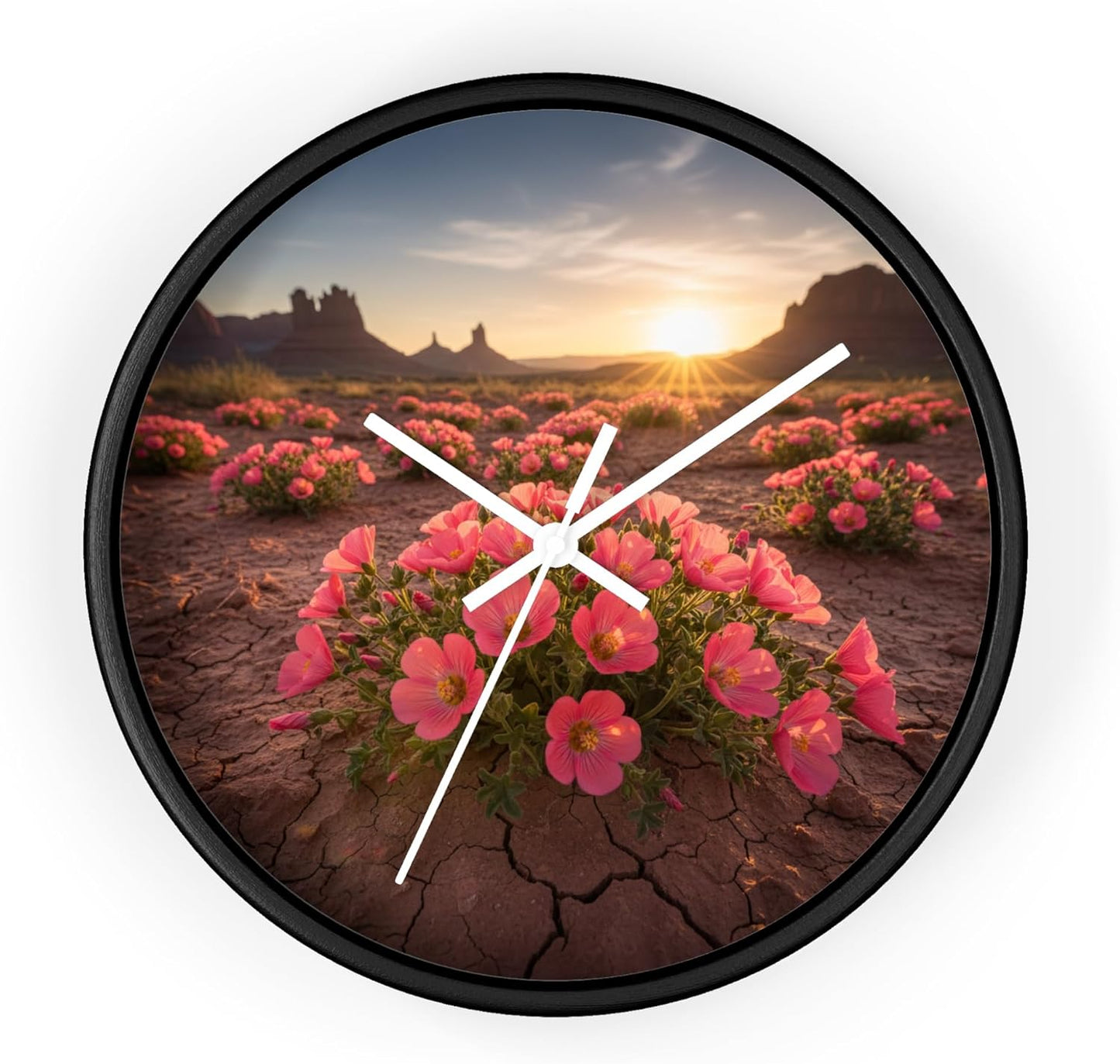 Premium Wall Clock with Hook - Desert Poppy Mallow Blooming Coral-Pink in Dry Soil 10in