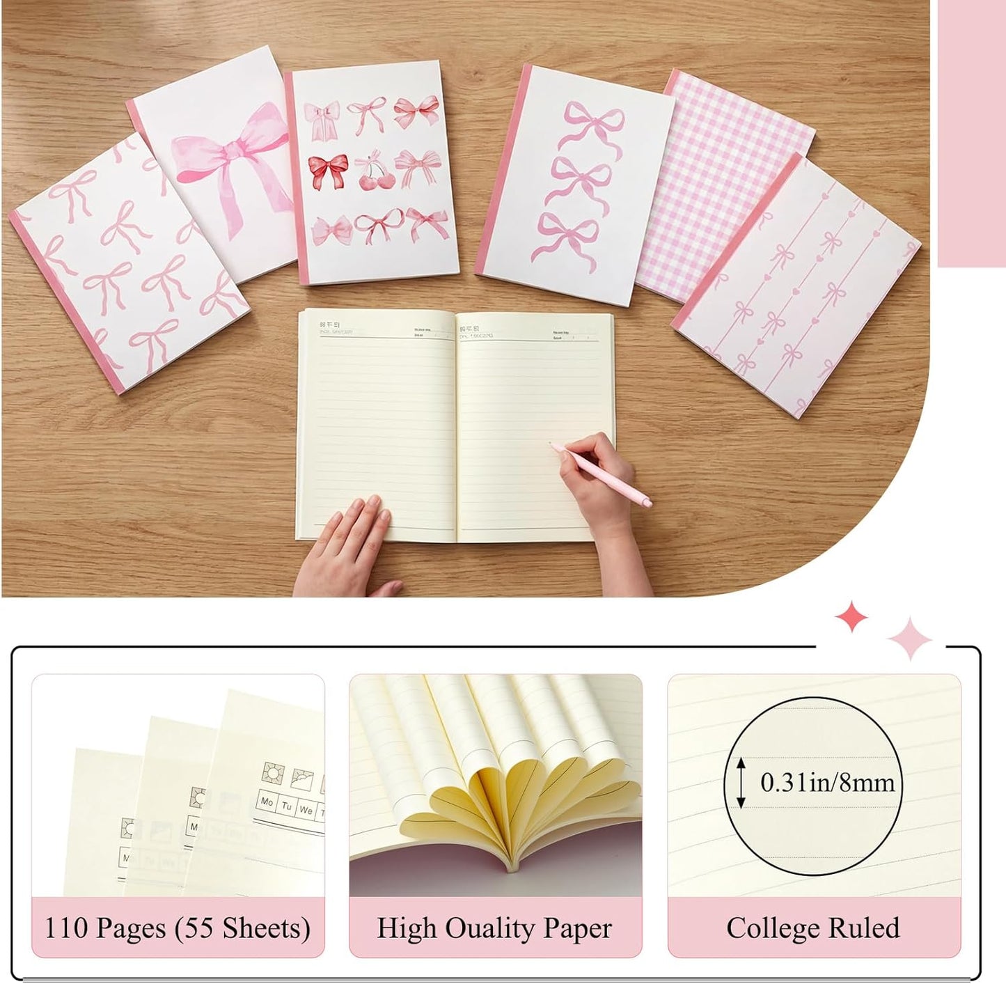 6 Pcs Pink Bow Composition Notebooks Bundle, Cute Girly Aesthetic College Ruled Journal, Back to School Gift for Teacher, Student, First Day of School Favors, 7-1/2" x 10" Journals, 110 Pages Per Book