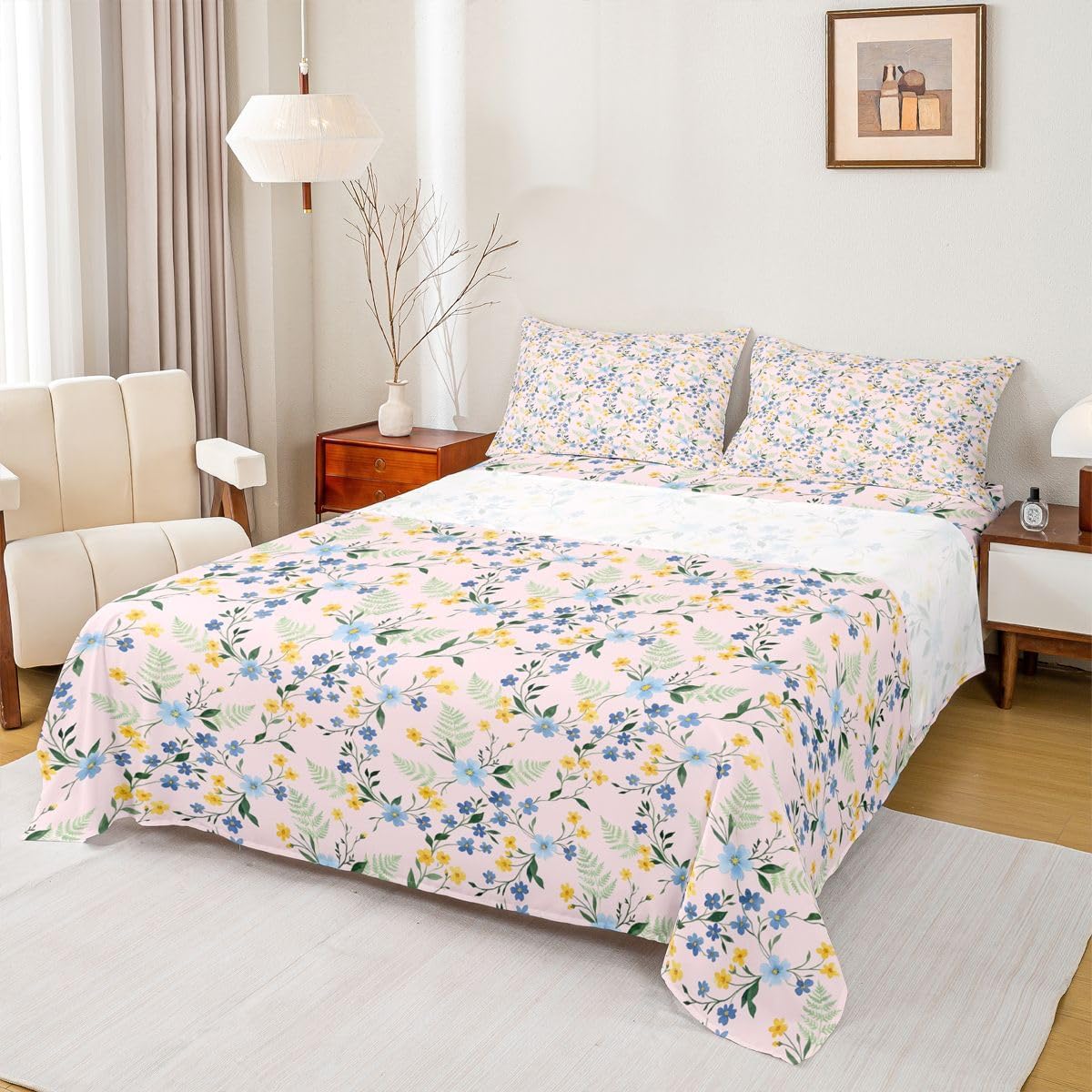 Erosebridal Country Wildflower Sheet Set Full Peach Pink Floral Bed Sheets for Kids Boys Girls Bohemia Flat Fitted Sheet Botanical Sheets 3 Pcs