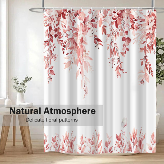Eucalyptus Shower Curtains for Bathroom, Pink Watercolor Leaves with Floral Shower Curtain Sets with Hooks, Waterproof Fabric Botanical Bathroom Decor, 72x78 Inches