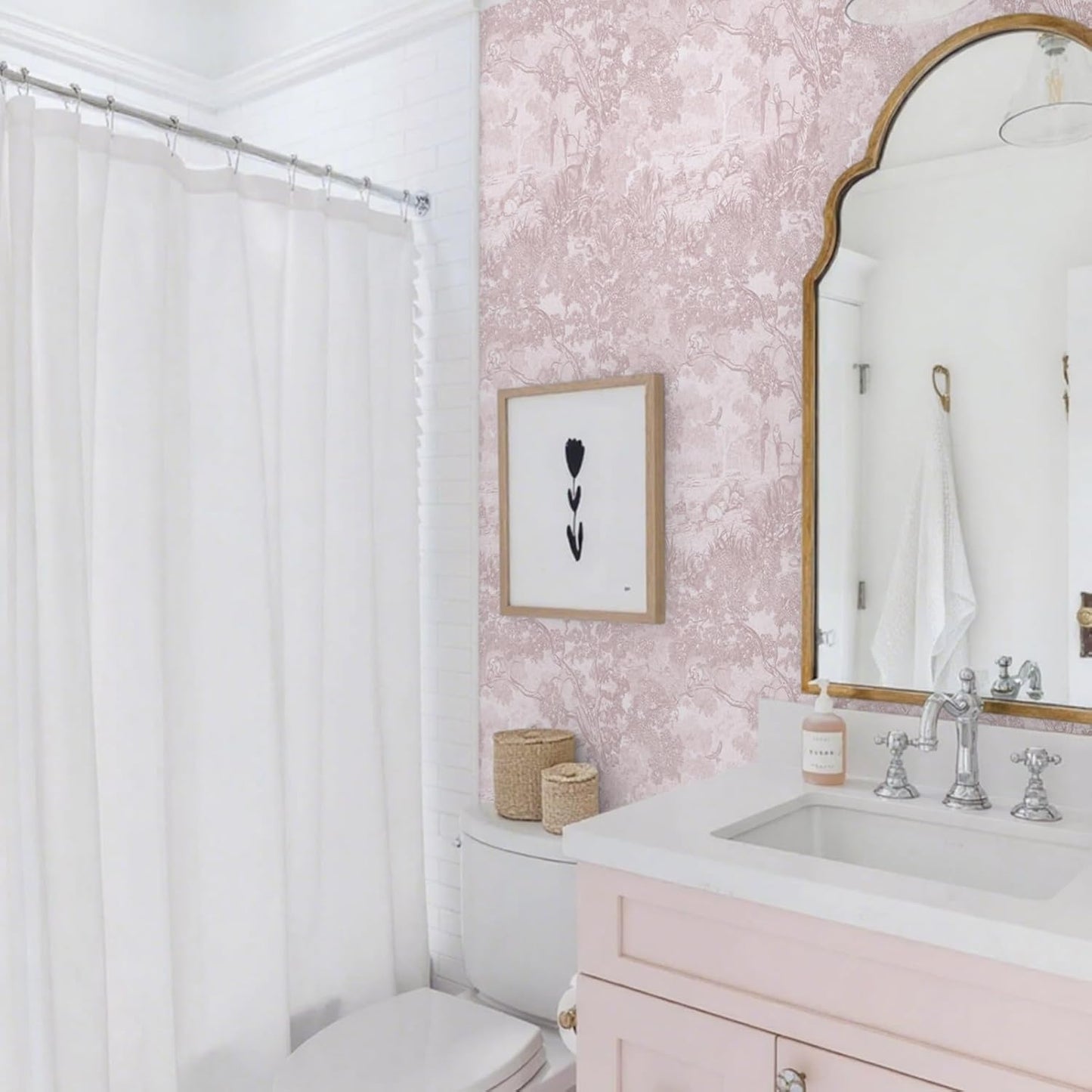 Ismoon Pink Peel and Stick Wallpaper Neutral Wall Paper 17.3in×6.56ft Vintage Removable Self-Adhesive Wallpaper Animals Jungle Contact Paper for Cabinets Bathroom Walls Covering Vinyl Roll