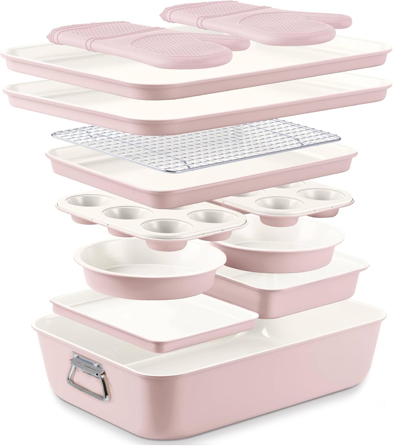 Country Kitchen Nonstick Stackable Bakeware Set - Deluxe Heavy Duty, Durable, Easy Release Baking Set, Pink, 13 Pcs with Handles