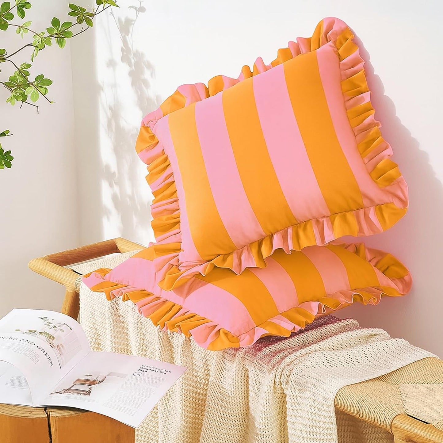 MONDAY MOOSE Decorative Throw Pillow Covers, Set of 2 Water-Resistant Striped Design with Ruffle Edge for Outdoor/Indoor Use, Pillow Inserts Not Included (22x22 inch, Light Pink/Honey)