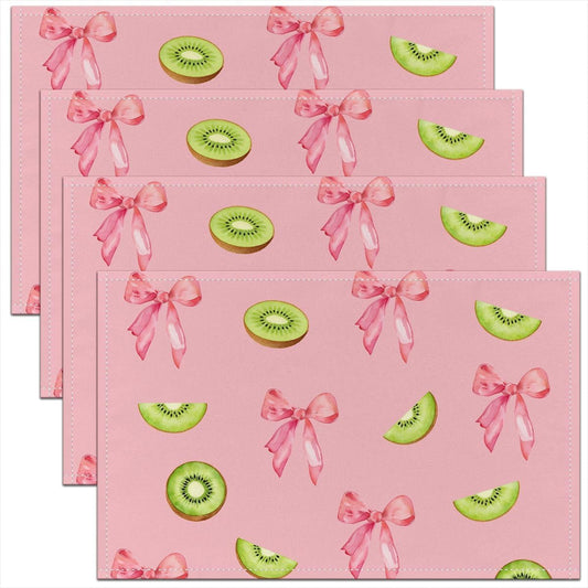 Pink Bow Placemats Set of 4 12x18 Inch Cute Coquette Bow Knot Table Mats for Party Kitchen Dining Decoration Holiday Seasonal Kiwifruit Themed Place Mat for Dinner Table Indoor Outdoor Non-Slip