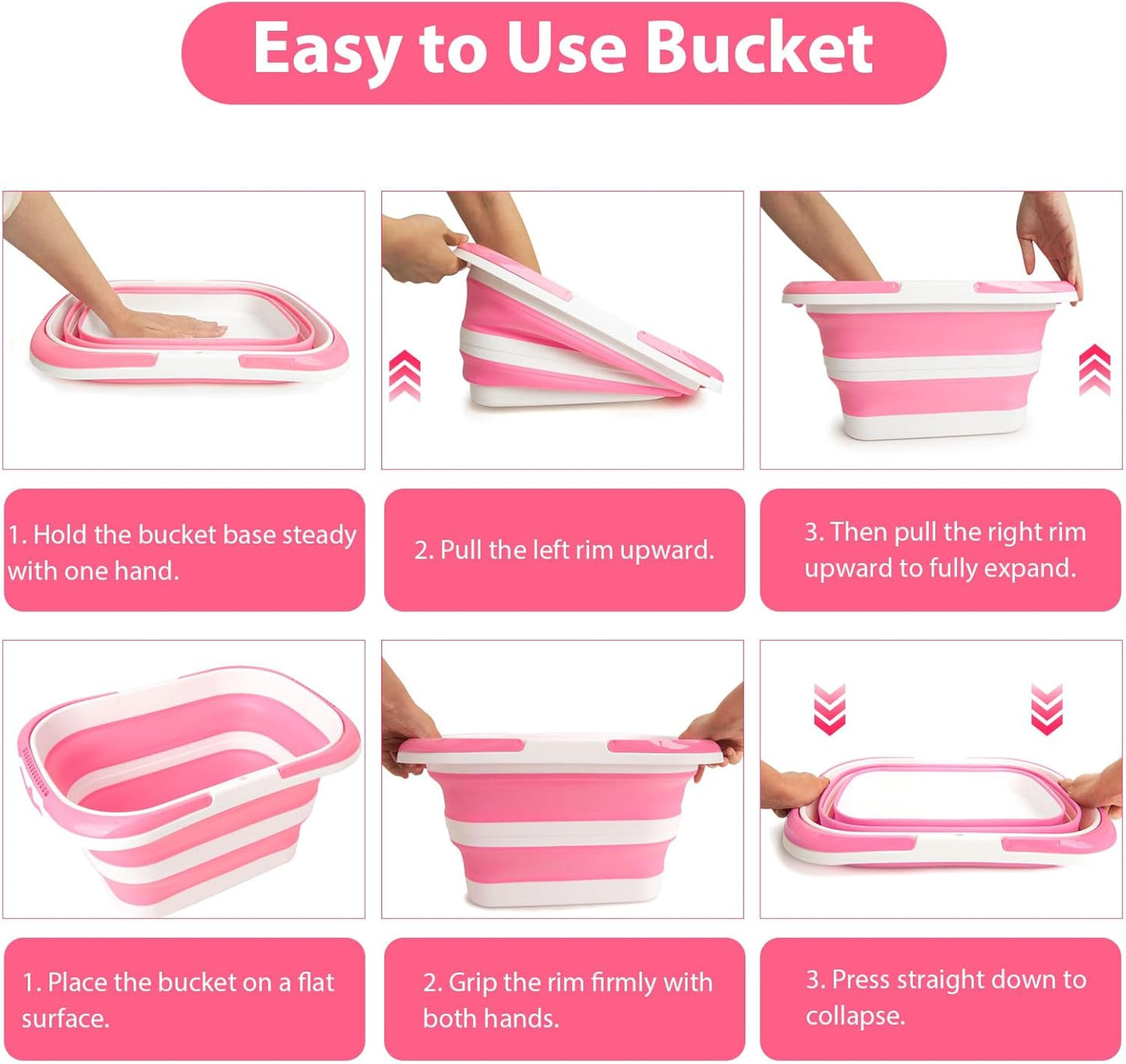 Collapsible Mop Bucket 4.2 Gallon(16L), Space-Saving Foldable Cleaning Bucket with Handle & Hanging Hole for Home, Swimming Pool, Camping, Car Wash & Outdoor (Pink White)