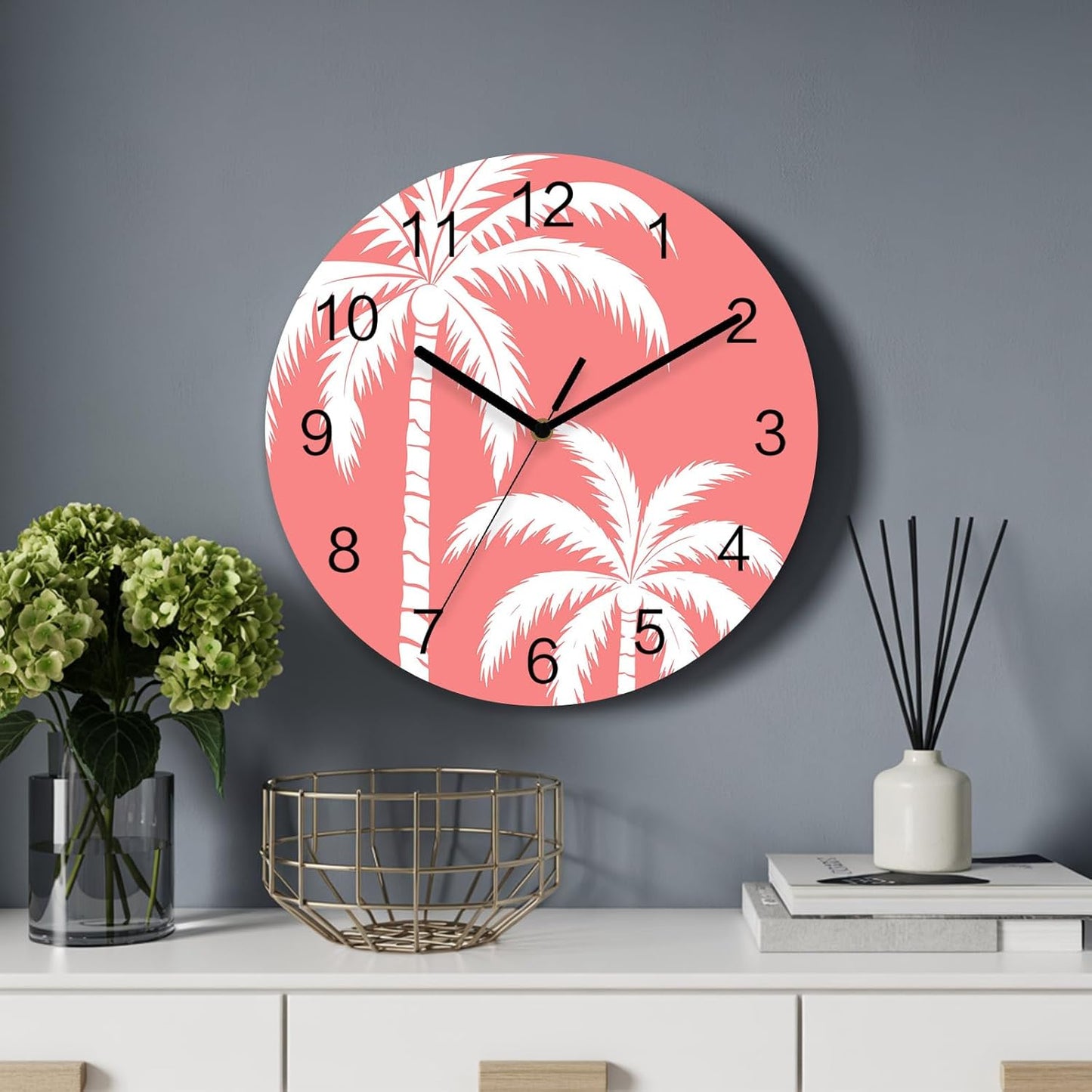 Coastal Palm Tree Wall Clock Battery Operated Non-Ticking 10" Round Wood Clocks, Tropical Plant Coral Pink Kitchen Wall Clock for School Bathroom Living Room Home Office Wall Decor