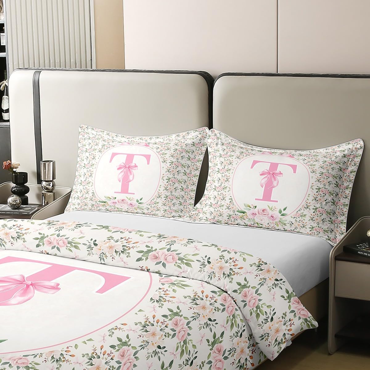 Erosebridal Peach Blossom 100% Cotton Duvet Cover Twin Size Letter T Bedding Set for Kids Girls WomenPreppy Kawaii Coquette Girly Comforter Cover Fashion Princess Dreamy Ribbon Bow Bedclothes