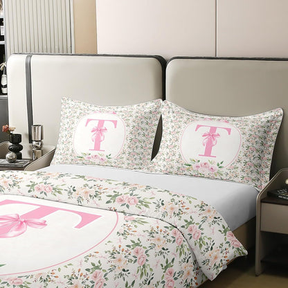 Erosebridal Peach Blossom 100% Cotton Duvet Cover Twin Size Letter T Bedding Set for Kids Girls WomenPreppy Kawaii Coquette Girly Comforter Cover Fashion Princess Dreamy Ribbon Bow Bedclothes