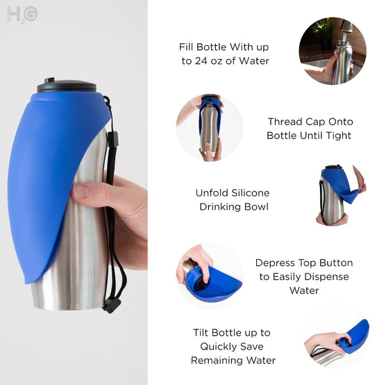 Portable Dog Water Bottle, 24 oz, Stainless Steel, Convenient Pet Water Dispenser, Collapsible Travel Bowl, Walking, Hiking, and Outdoor Activity, Compatible with Various Pets, Houd2Go (Pink, 24oz)