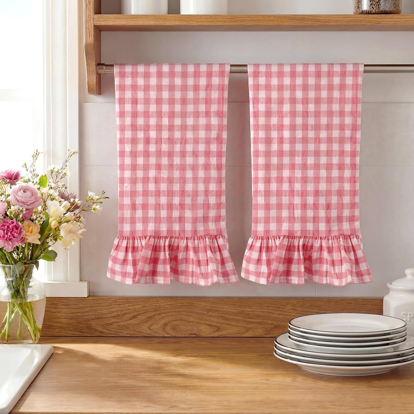 HunnmingRe Watermelon Pink Kitchen Towels Set of 2, 100% Cotton Ruffled Gingham Dish Towels 18"x28" Tea Cloths Classic Plaid Pattern for Farmhouse Charm, Drying Dishes, Entertaining Guests