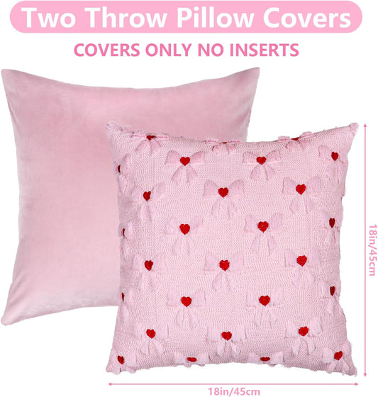 LOMOHOO Pink Bow Pillow Covers Set of 2 Coquette Room Decor Faux Fur Soft Plush Cute Girl Bowknot with Heart 18x18in Decorative Pillowcase for Bed Sofa Couch Preppy Room Decor