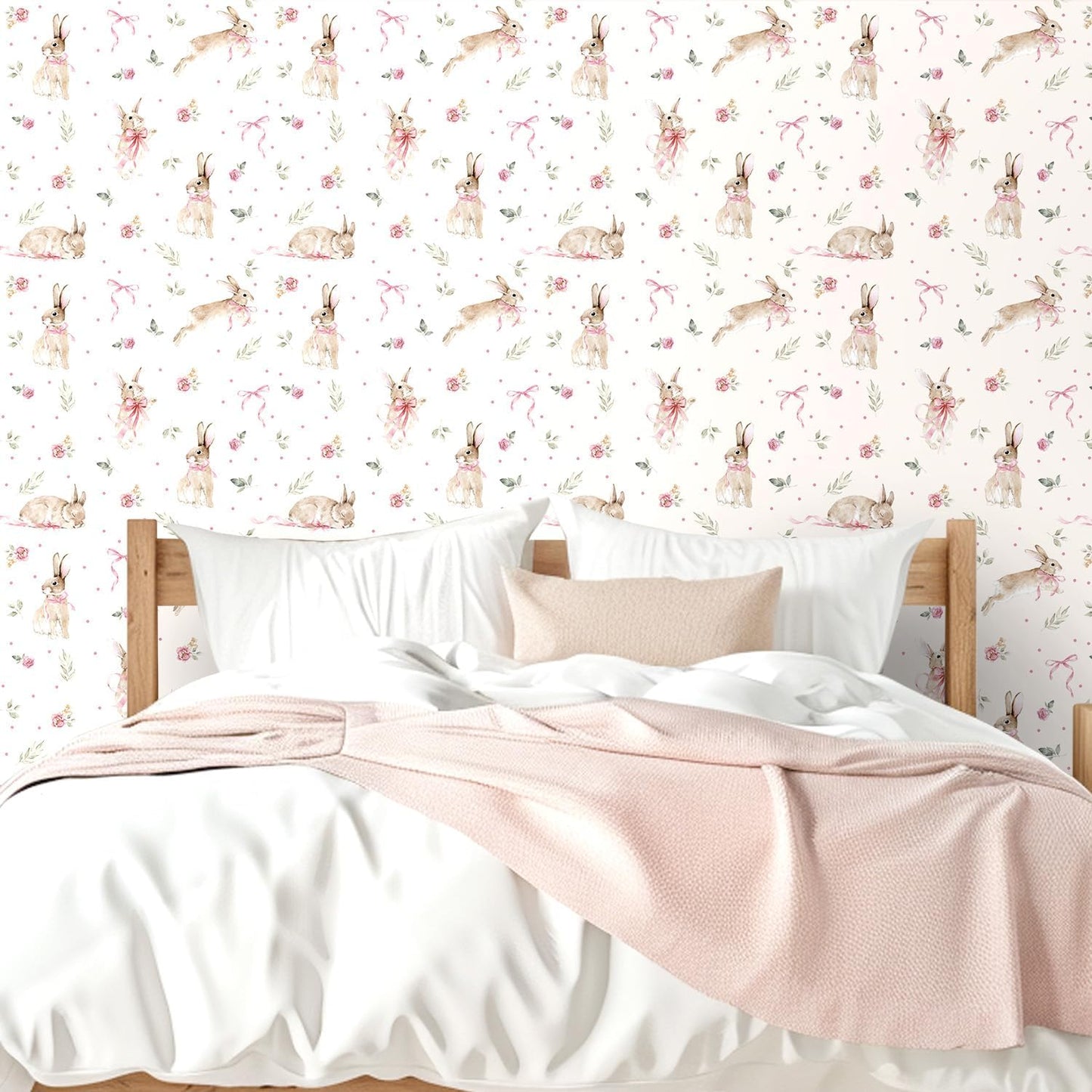 LHIUEM Boho Bunny Peel and Stick Wallpaper 17”x118”Pink Ribbons Rabbit Floral Self Adhesive Contact Paper Easter Botanical Wallpaper Flowers and Leaf Art Paper Woodland Nursery Wall Mural for Bedroom