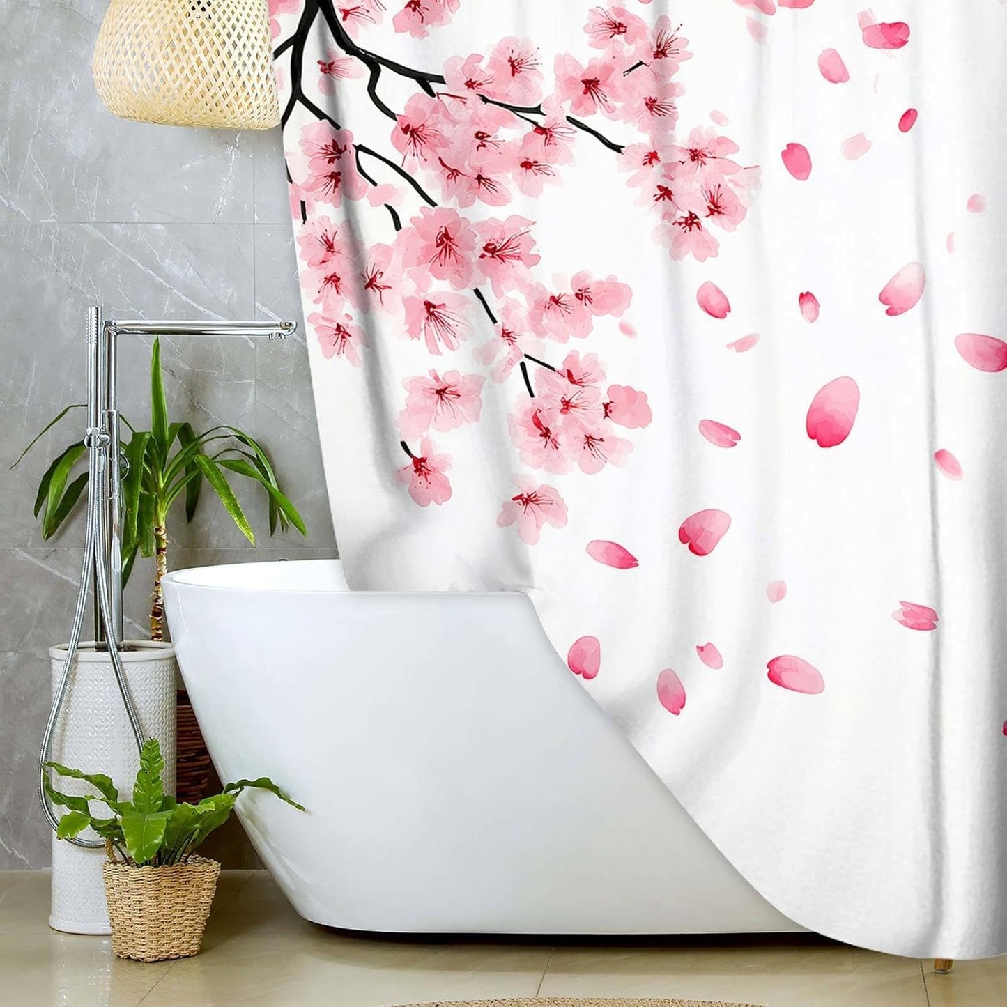 Pink Cherry Blossom Shower Curtain, Floral Blooming Plum Asian Floral Japanese Sakura Shower Curtain for Bathroom Decor, Waterproof Polyester Fabric Bath Curtain with 12 Hooks, 60x70
