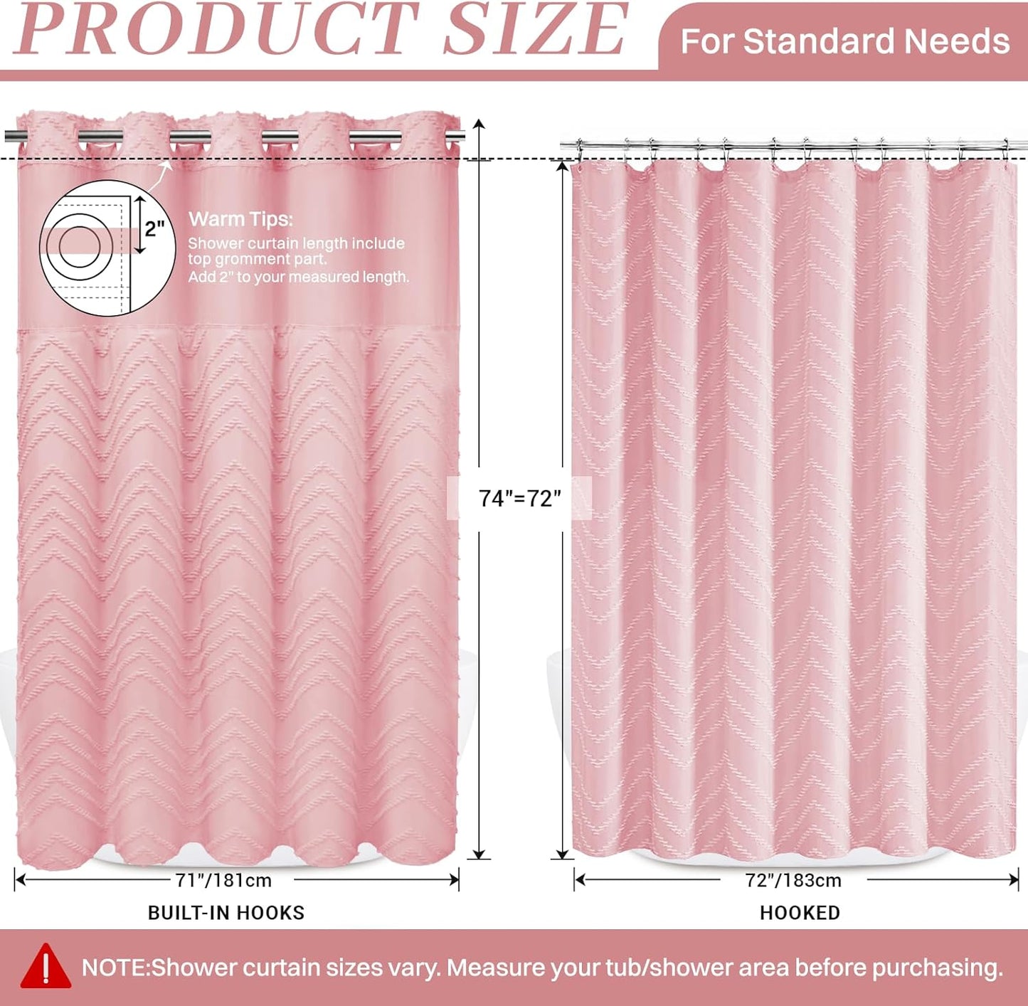 WONICY No Hook Shower Curtain with Snap in Liner, Tufted Chevron Striped Shower Curtain Set for Bathroom, Boho Waterproof and Washable Shower Curtains, 71Wx74H, Pink
