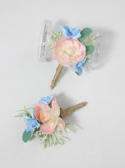 Rinlong 2Pcs Pink Blue Boutonnieres with Pins for Men, Groom, Groomsmen | Wedding, Prom, Homecoming