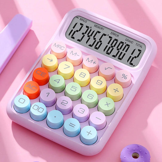 Mechanical Calculator, Pink 12 Digit Large LCD Display Big Round Button Calculator, Typewriter-Inspired Mechanical Key Calculators for Office, School, Business (Pink Purple)