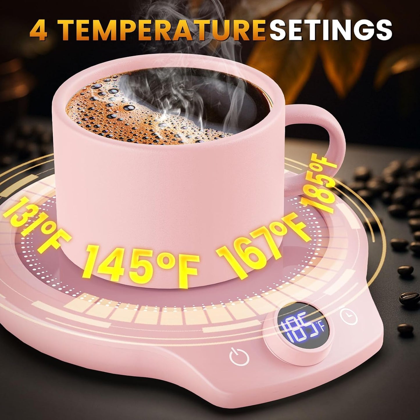 Fast Heating Mug Warmer - 4 Temp Settings & 1-12H Timer, Coffee Cup Warmer Plate for Desk Auto Shut Off, Ideal Beverage Warmer Gift for Coffee, Tea, Milk (Pink)