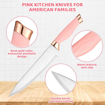 37 PCS Kitchen Utensils Set, Silicone Cooking Utensils Set with Knife Set and Holder, Wooden Handle Kitchen Tool Set (Pink)