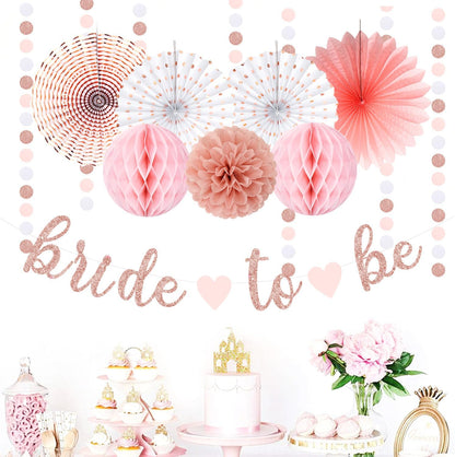 Light-Pink Rose-Gold Bachelorette Party-Decorations - 21pcs Baby Bridal Shower Banner Garland, Bride To Be Paper Streamers Lanterns,flower Tissue Pom Poms Fan Supplies,Wedding Backdrop Decor Huglony