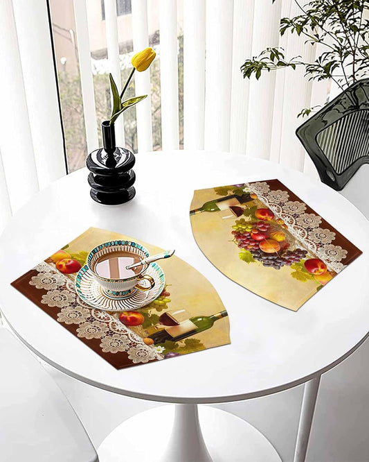 Round Table Placemats Set of 4, Rustic Grape Peach Apples Wine Wedge Table Mat Washable Placemat, Realistic Fruit Oil Painting Fan Shape Place Mats for Kitchen Indoor Outdoor