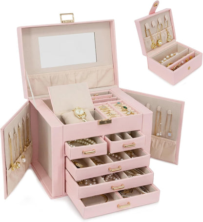 Jewelry Box with Travel Case, PU Leather 5-Layer Jewelry Organizer with Mirror & Lock, Velvet Lining Jewelry Storage for Women, Dresser Top Portable Jewelry Case, Gift for Women (Pink)