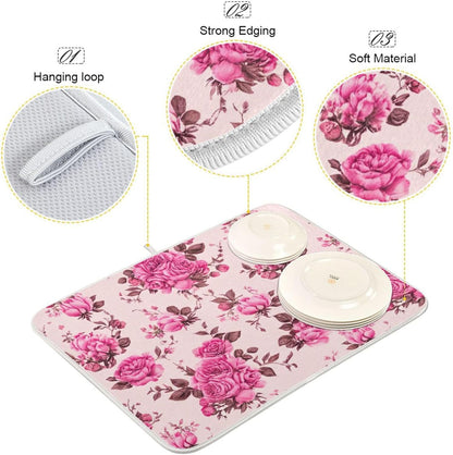 Quick Drying Dish Drying Mats for Kitchen Counter, Pink Floral Roses Peonies Light Pink Absorbent Drying Pad, Reversible Dish Drainer Mat Kitchen Accessories, 16 x 18 Inch